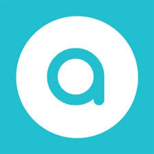 a small letter "a" within a white circle on an aqua background