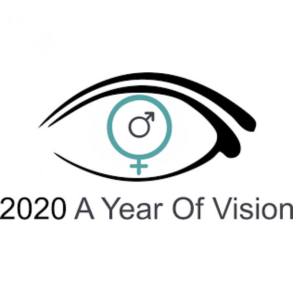 Logo of an eyelid, the iris with symbols male and female: 2020 A Year Of Vision