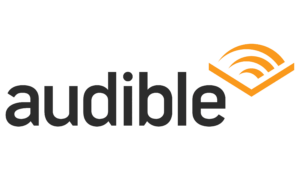 text audible, below and to the right of a vector drawing of an open book, three sound wave like waves connect the open pages.